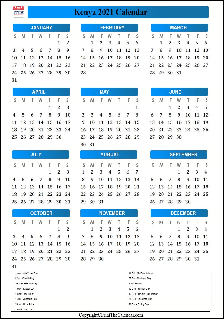 Kenya Printable Calendar 2021